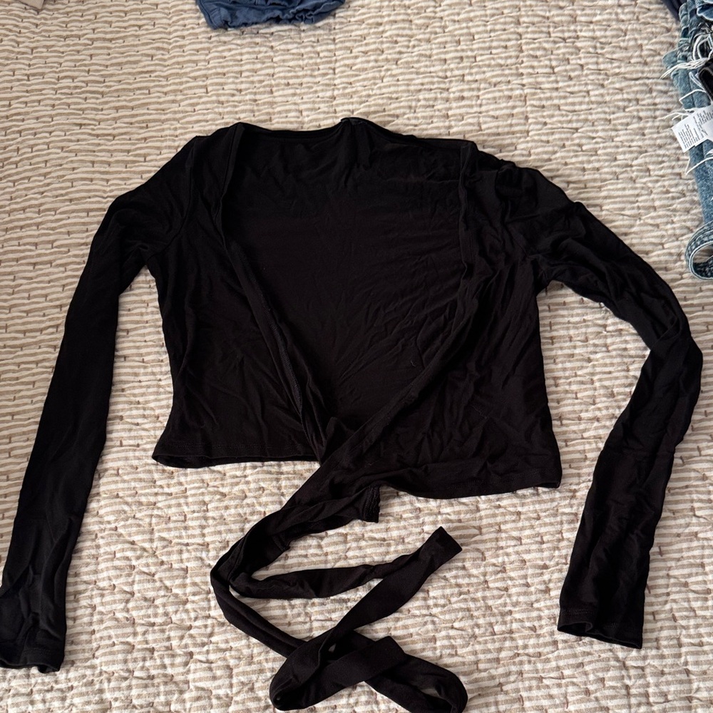 Women’s Black Long-Sleeve Wrap Top with Front Ties